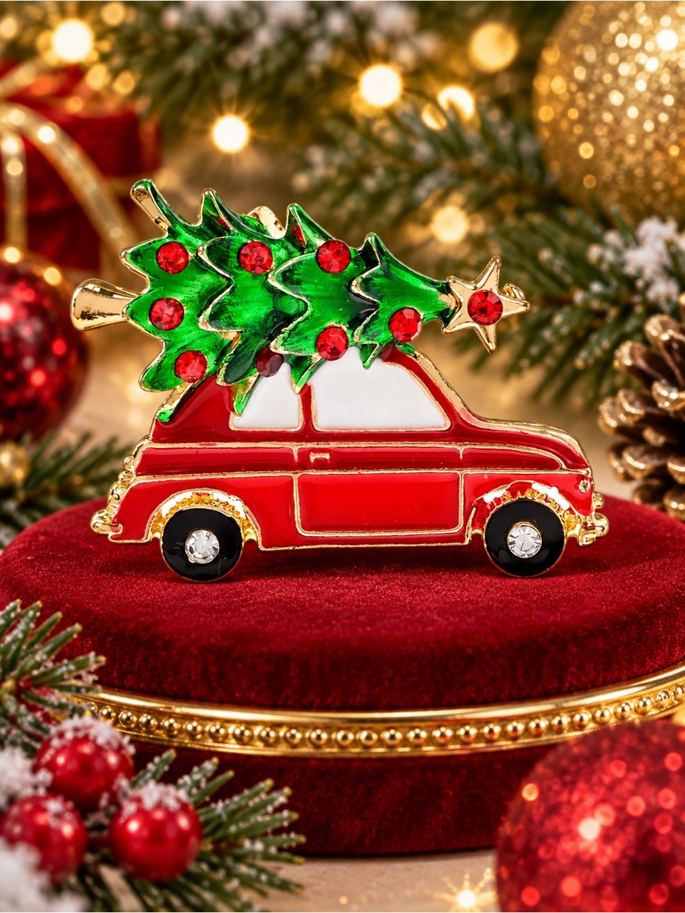 Eleanor ShuMark Christmas Car Brooch Red Green Rhinestone NWT